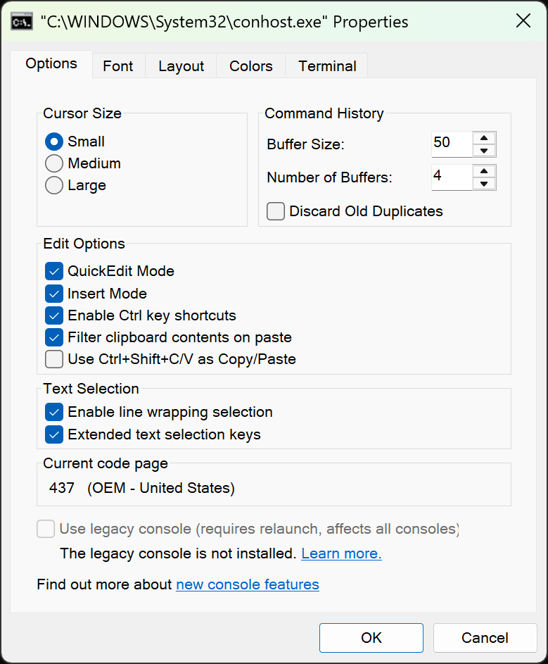 Screenshot of the grayed check box, with text 'The legacy console is not installed'
